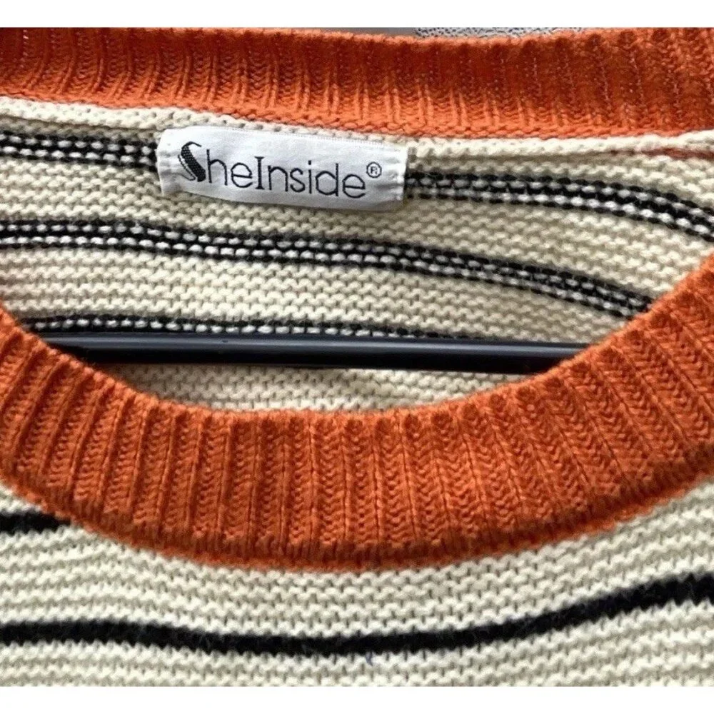 Vintage She Inside Women’s Sz Large Brown And Orange Cardigan Striped Sweater